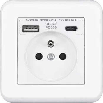 Elektrická zásuvka UNIC Elektrická zásuvka 230V+USB+USB C 5V Rychlé nabíjení, včetně rámečku, plast bílá