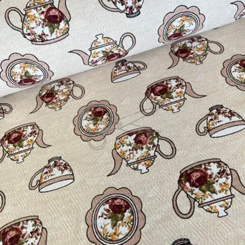 Bavlněná látka vafle piké šíře 240 cm - konvičky, šálky hnědé (50cm)