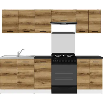 Kuchyňská linka Kuchyňská linka Junona Line 240 s pracovní deslou - Black Red White - BRW Bílá/dub delano světlý/metalická břidlice černo-zlatá 240x cm