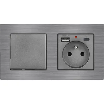 Elektrická zásuvka UNIC Elektrická zásuvka (230V+USB+USBc 5V) + vypínač jednopólový č.1 v rámečku 153mm, slitina hliníku šedý