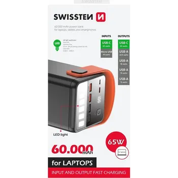 Powerbanka Swissten power line power bank 60000 mAh 65W power delivery black