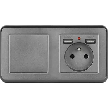 Elektrická zásuvka UNIC Elektrická zásuvka (230V+2xUSB 5V/2,1A) + vypínač jednopólový č.1, v rámečku 153mm, plast šedý