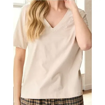 Sinsay - Bavlněné tričko s výstřihem do V - béžová - 523EU-08X - 523EU-08X-M