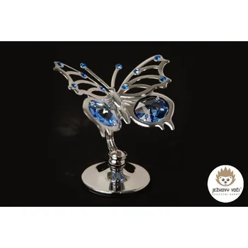 DEKORACE CRYSTOCRAFT SE SKLENĚNÝM KRYSTALEM - STŘÍBRNÝ MOTÝL S MODRÝM KRYSTALEM