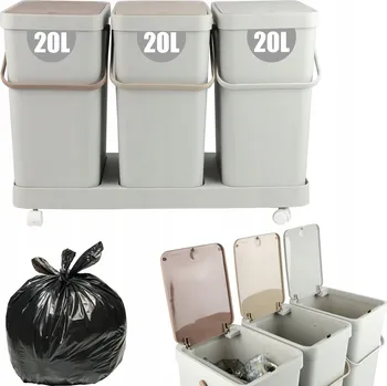 Odpadkový koš Odpadkový koš 3-komorový šedý 60 l plastový na kolečkách