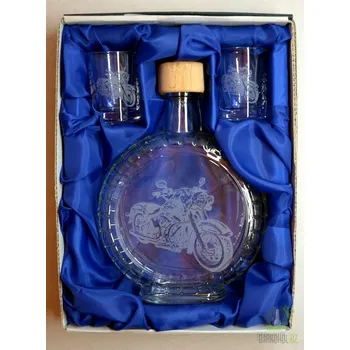 Souprava pískovaná láhev budík + 2 panáky Motorka 0,5l