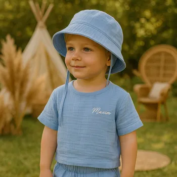 Kojenecká souprava Mušelínový set s kloboučkem pro chlapečka Barva: Modrá, Velikost setu: 6-7r (vel. 122), Velikost kloboučku: 2-6m (40-42 cm)