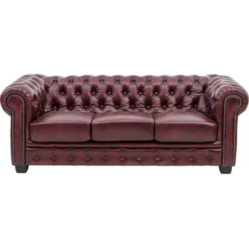 Pohovka Luxusní trojmístná pohovka Chesterfield 155cm červená z pravé kůže - VÝPRODEJ