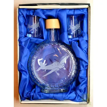 Souprava pískovaná láhev budík+2 panáky Letadlo 0,5l