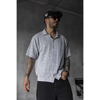 Pánská košile Black Island Šedá košile s háčkovaným vzorem a knoflíky Velikost: S