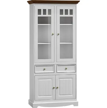 Knihovna Belluno Elegante velká bílá vitrína 2D z masivu s ořechovou deskou