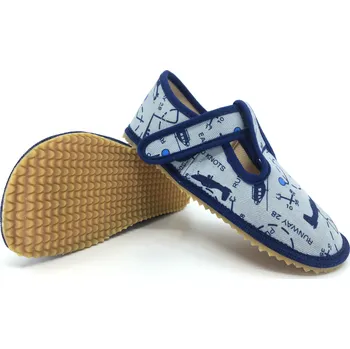 Chlapecká obuv Beda barefoot bačkory šedá letadla (BF 060010/W) 24, Vnitřní délka boty: 15,4 cm, Vnitřní šířka boty: 6,4 cm