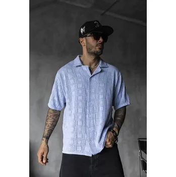 Pánská košile Black Island Světle modrá košile s háčkovaným vzorem a knoflíky Velikost: M