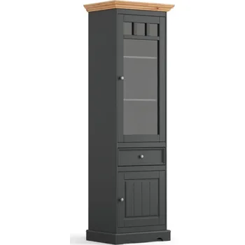 Knihovna Belluno Elegante grafitová úzká vitrína z masivu s borovicovou deskou