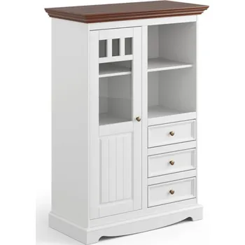 Knihovna Belluno Elegante bílá vitrína 1D3S z masivu s ořechovou deskou