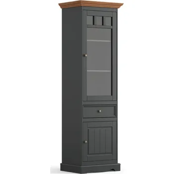 Knihovna Belluno Elegante grafitová úzká vitrína z masivu s dubovou deskou