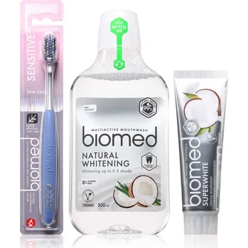 Přípravek na bělení zubů Biomed Superwhite Biomed Natural Whitening ústní voda 500 ml + Biomed Pink Salt zubní kartáček 1 ks + Biomed Superwhite posilující zubní pasta s kokosovým olejem 100 g