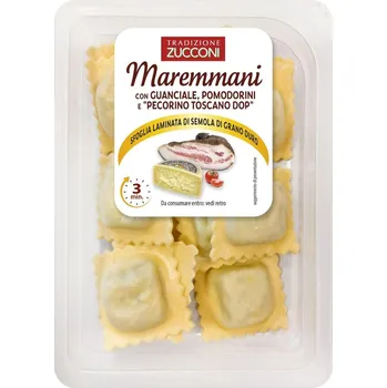 První čtění Zucconi Ravioli se slaninou, cherry rajčátky a toskánským pecorino