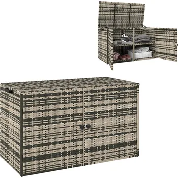 Zahradní úložný box Ratanový box na polštáře Outsunny 350L Dvoupatrový box na polštáře s víkem Zvedací tyče Úchyty pro přenášení 118 x 57 x 69 cm Smíšená šedá barva