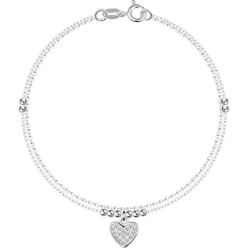 Náramek Dvojitý stříbrný náramek 925 - srdce s čirými zirkony, korálky