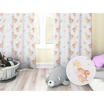 ubrus Dětský bavlněný závěs Sandra SA-643 Veverky s květinami na bílém 150x160 cm