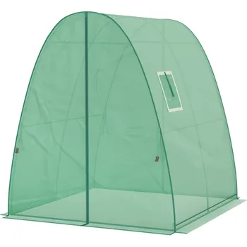 Skleník Obloukový skleník Outsunny s pytli s pískem a plastovým krytem, 2 rolovací dveře, síťované okno, přenosný, 1,8 x 1,8 x 2 m, zelený