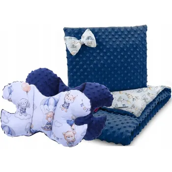 Dětská deka Dětská deka do kočárku s polštářkem a motýlkem - BABYMAM PREMIUM set 3v1 - Procházka v oblacích s tmavě modrou minky