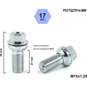 Šroubek na kolo Kolový šroub M15x1,25x27 kulový R14, pohyblivá plocha, klíč 17, PS17Q27R14-MW, výška 49 mm