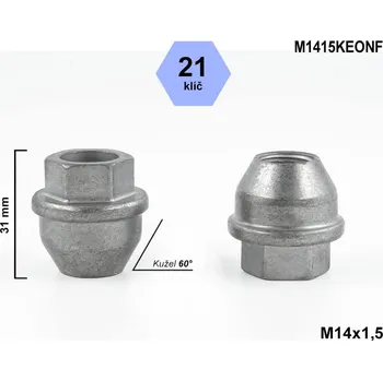 Matice na kolo Kolová matice M14x1,5 kužel otevřená, klíč 21, M1415KEONF, DF12, výška 31 mm