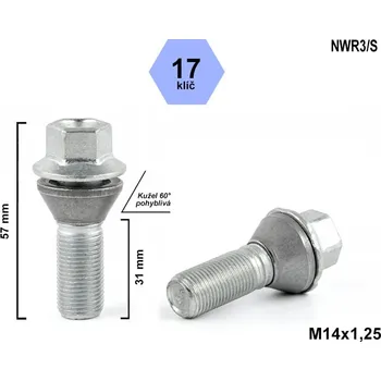 Šroubek na kolo Kolový šroub M14x1,25x31 kužel pohyblivý, klíč 17, C17F31-MW, výška 57 mm