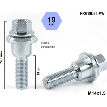 Šroubek na kolo Kolový šroub M14x1,5x35 plochá pohyblivá, klíč 19, PRR19D35-MW, výška 74,5 mm