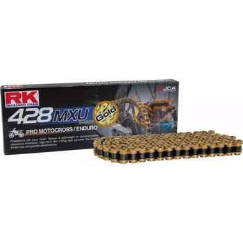Řetězová sada pro motocykl RK hnací řetěz (ENDURO) GB428MXU-136 (U-RING) spona (CL) v sadě barva zlatá (objem: do 150 ccm) (27 KN) (RK hnací řetěz (ENDURO) GB428MXU-136 (U-RING) spona (CL) v sadě barva zlatá (objem: do 150 ccm) (27 KN))
