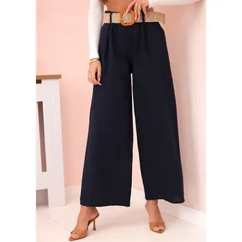 Dámské kalhoty Dámské lněné kalhoty se širokými nohavicemi a páskem námořnická modř UNI