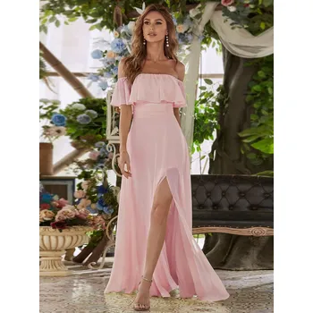 Dámské šaty šifonové svatební šaty s odhalenými rameny a rozparkem Barva: Růžová, Velikost: M