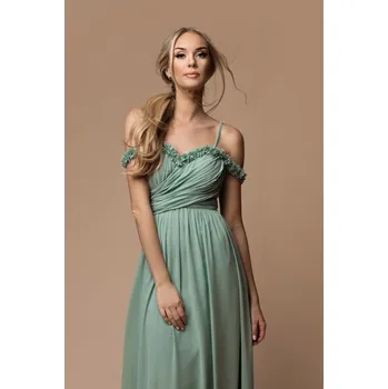 Dámské šaty Společenské maxi šaty s ramínky a 3D květinami 77002-5 Barva: Zelená, Velikost: M