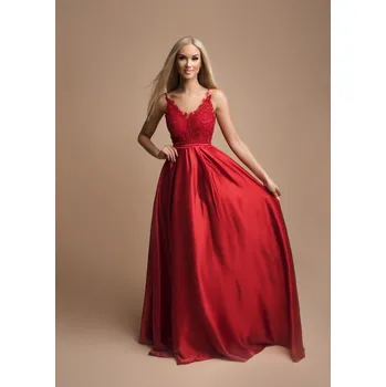 Dámské šaty Dlouhé plesové šaty na ramínka s krajkovým topem 74002-1 Barva: Červená, Velikost: L