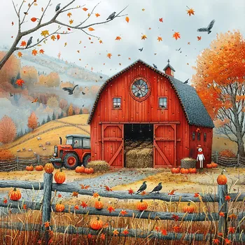 Látkový panel - Podzimní krajinka, domečky - BAR-121 Velikost: 20x20cm, Materiál: Kočárkovina