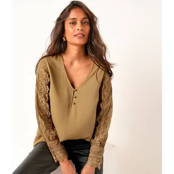 Dámská halenka Krepová halenka s macramé rukávy a výstřihem do V bronzová 38