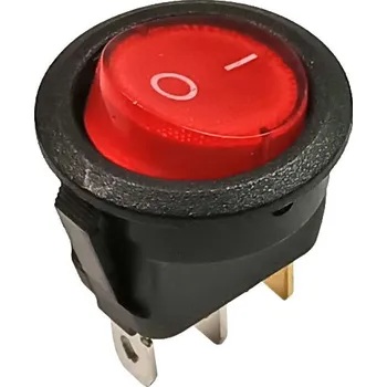 vypínač Vypínač kolébkový kulatý, 1 pólový, červený, prosvětlený 12V DC / 16A ON-OFF