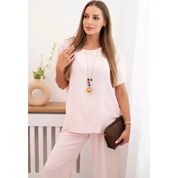 Dámský komplet s volnou halenkou a širokými nohavicemi pudrově růžová UNI