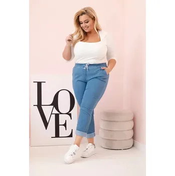Dámské kalhoty Dámské bavlněné kalhoty Plus Size s elastickým pasem a zavazováním světlý denim 3XL