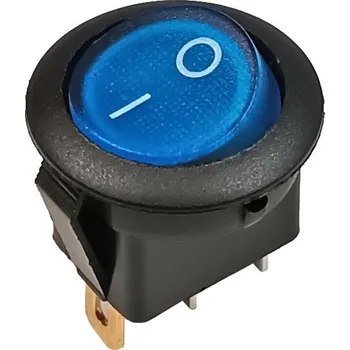 vypínač Vypínač kolébkový kulatý, 1 pólový, modrý, prosvětlený 12V DC / 16A ON-OFF