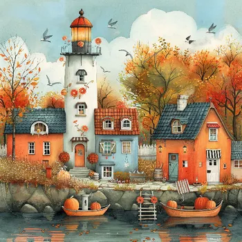 Látkový panel - Podzimní krajinka, domečky - BAR-120 Velikost: 20x20cm, Materiál: Bavlna