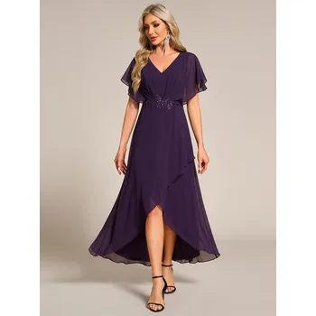 Dámské šaty Šifonové večerní šaty s krátkými rukávy Barva: Fialová, Velikost: 6XL