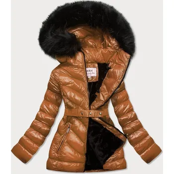 Lesklá zimní bunda v karamelové barvě s mechovitou kožešinovou podšívkou (w673) odstíny hnědé XL (42)