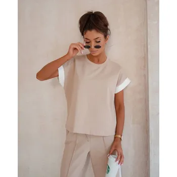 Béžový dámský sportovní komplet s kontrastními vsadkami (VE99) odstíny béžové L (40)