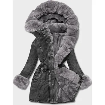 Černo/šedá dámská džínová bunda s kožešinovou podšívkou (B8068-109) odstíny černé XL (42)