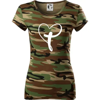 Dámské tričko Jesus srdce - Dámské maskáčové triko - L ( Hnědý maskáč )