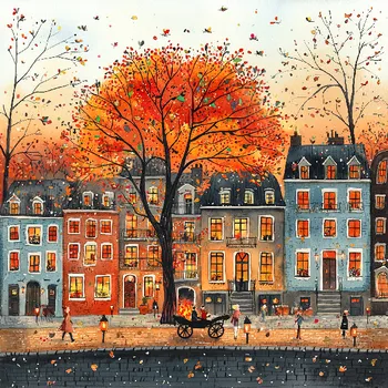 Látkový panel - Podzimní krajinka, domečky - BAR-119 Velikost: 25x25cm, Materiál: Kočárkovina