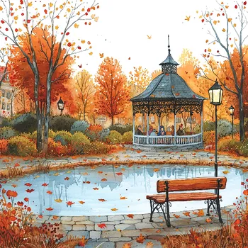 Látkový panel - Podzimní krajinka, domečky - BAR-118 Velikost: 15x15cm, Materiál: Kočárkovina